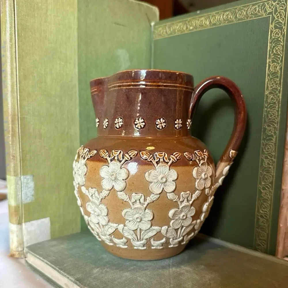 Doulton Lambeth Stoneware Pitcher – c. 1880–1900 – Raised Floral Relief – 5.5”